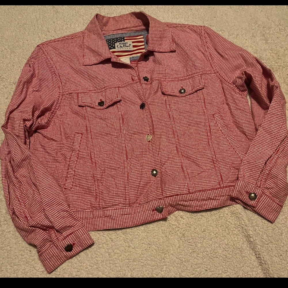 Vintage Koret City Blues SzPM Western Denim Jacket Red White Check Fun Buttons
